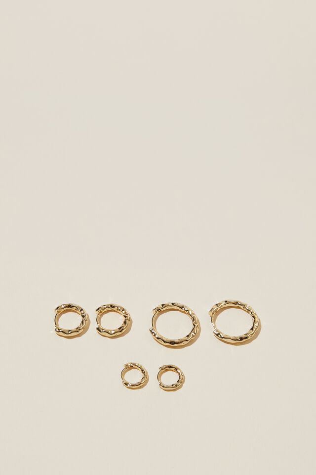 3Pk Mid Earring, GOLD PLATED HAMMERED HOOP