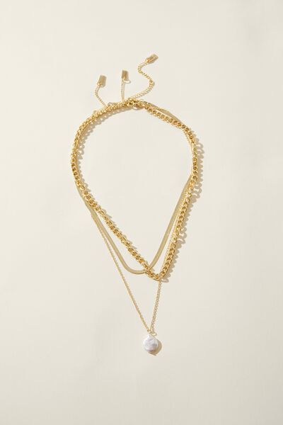 3Pk Fine Chain Necklace, GOLD PLATED CURVE CHAIN PEARL DROP
