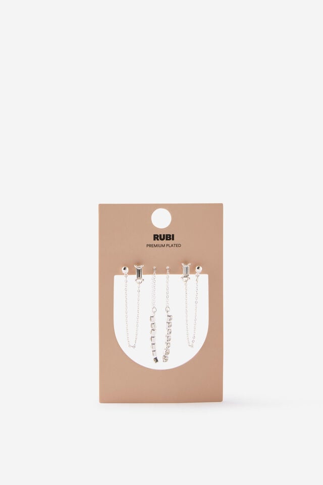 Premium Plated 3Pk Mid Earring, SILVER DIA CHAIN THREADER
