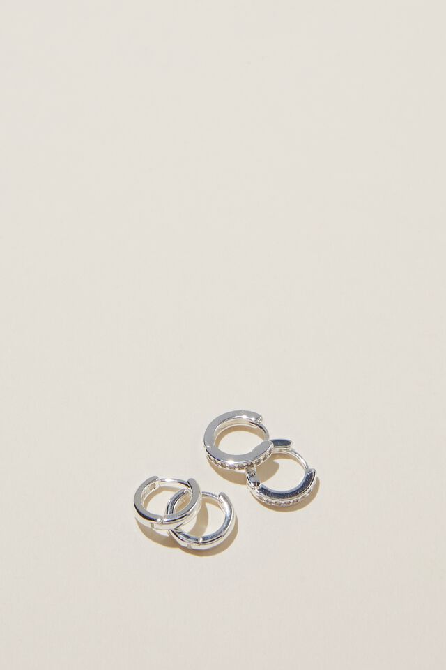 2Pk Small Earring, STERLING SILVER PLATED DIAMANTE