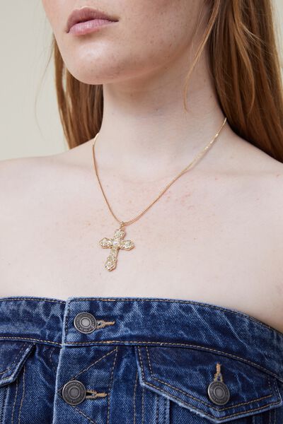 Pendant Necklace, GOLD PLATED PEARL CROSS
