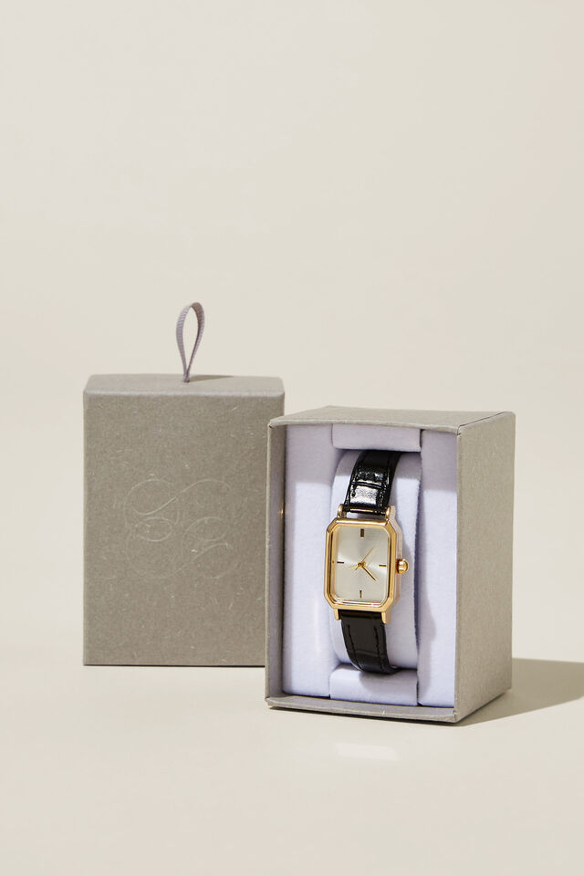 Classic Watch, GOLD PLATED RECTANGLE BLACK BAND