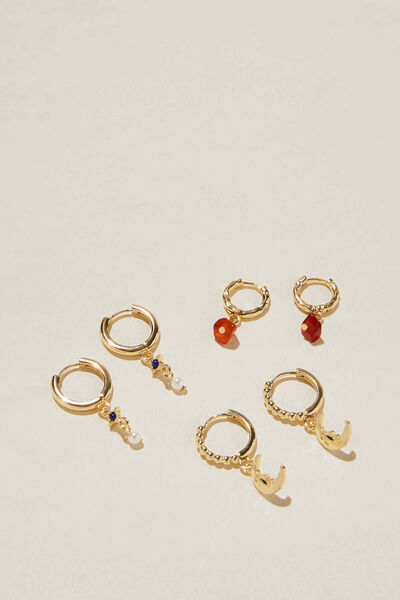 3Pk Mid Earring, GOLD PLATED MOON & PEARL
