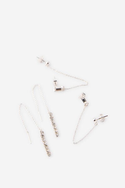 Premium Plated 3Pk Mid Earring, SILVER DIA CHAIN THREADER