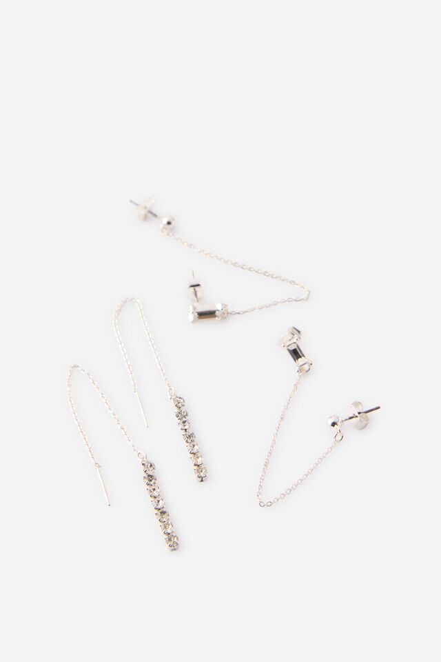 Premium Plated 3Pk Mid Earring, SILVER DIA CHAIN THREADER
