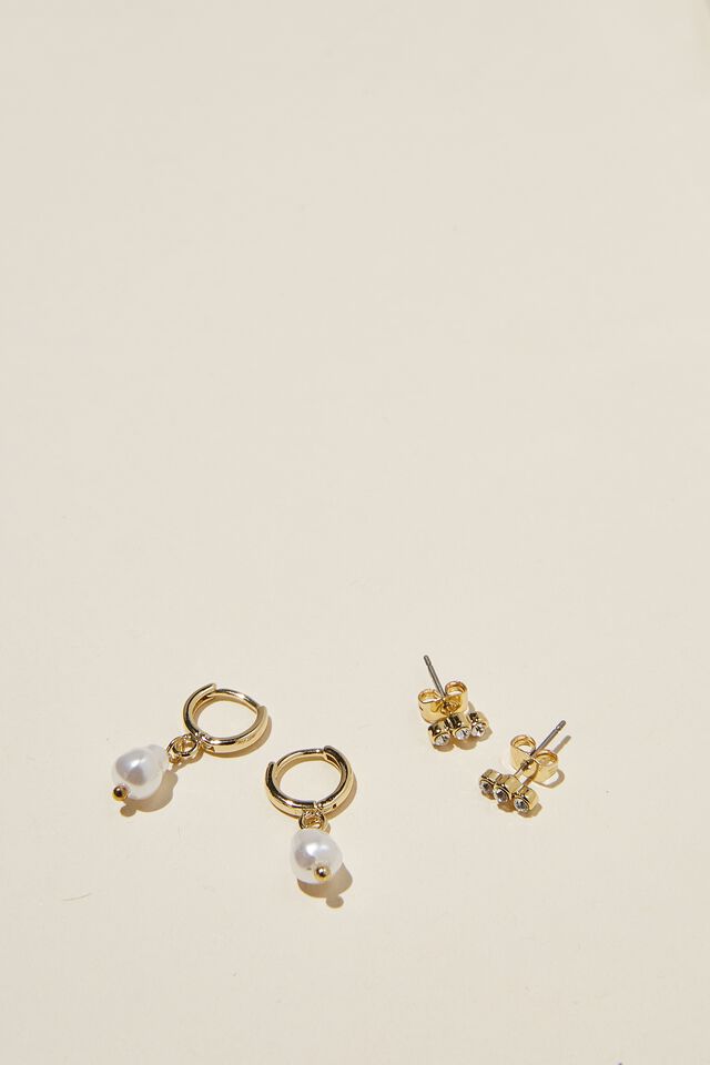 2Pk Small Earring, GOLD PLATED PEARL AND TRIO DIA