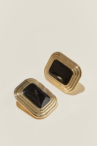 Brinco - Mid Charm Earring, GOLD PLATED BLACK RECTANGLE STUD