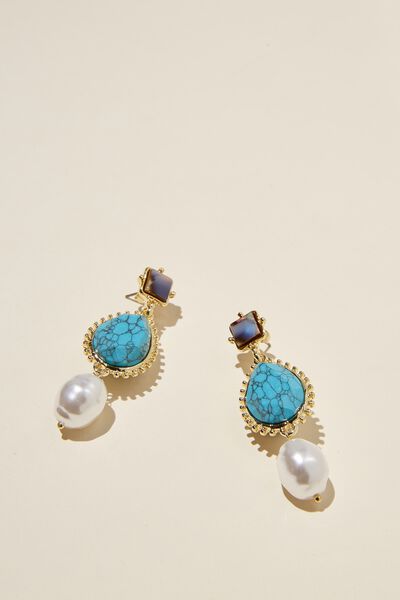 Brinco - Mid Charm Earring, GOLD PLATED OPAL TURQUOISE PEARL DROP