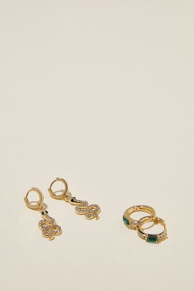 2Pk Mid Earring, GOLD PLATED EMERALD GREEN DIA SNAKE