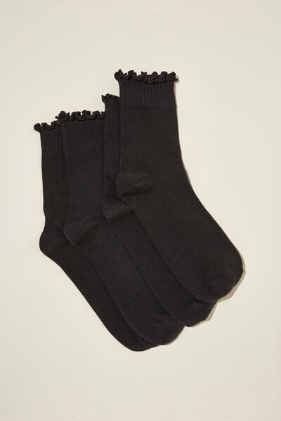 Meias - The Perfect Pair Frill Rib Crew Sock 2Pk, BLACK