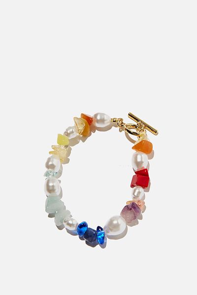 Premium Beaded Bracelet Gold Plated, GOLD PLATED  PEARL RAINBOW STONE