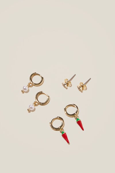 3Pk Small Earring, GOLD PLATED CHILLI PEARL EVIL EYE
