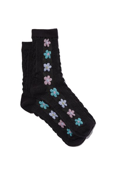 Floral Jacquard Sock, BLACK/SKY MIX