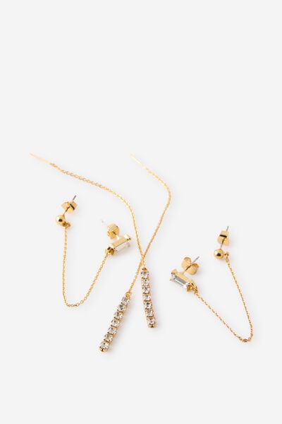 Premium Plated 3Pk Mid Earring, GOLD DIA CHAIN THREADER