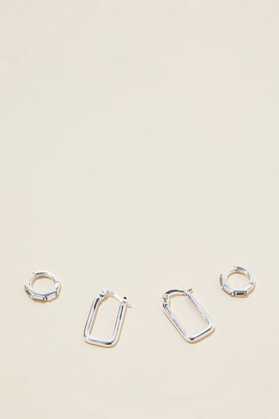 Brinco - 2Pk Mid Earring, STERLING SILVER PLATED RECTANGLE