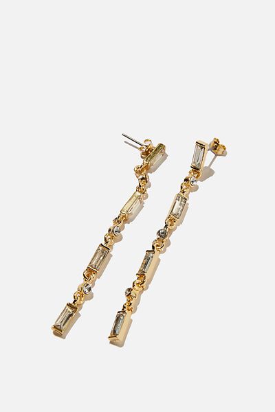 Premium Drop Earring Gold Plated, GOLD PLATED DIA BAGUETTE