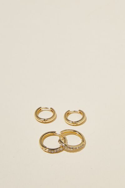 2Pk Mid Earring, GOLD PLATED FINE DIAMANTE