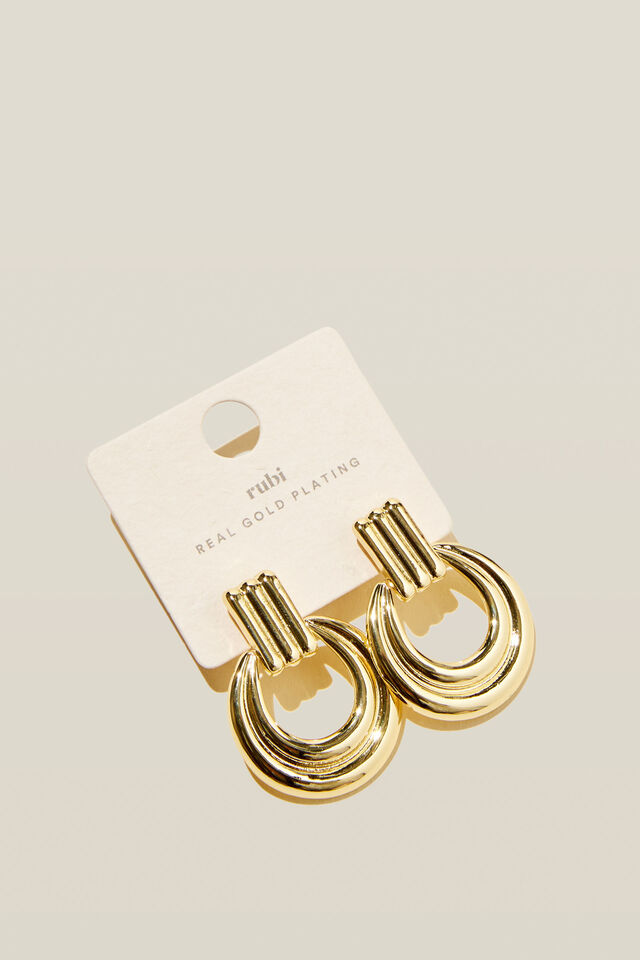 Mid Charm Earring, GOLD PLATED RIDGED CIRCLE DROP