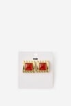 Large Charm Earring, GOLD SQUARE RIBBED BURGUNDY STONE - example image 2