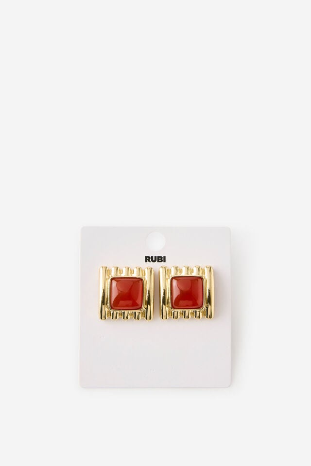 Large Charm Earring, GOLD SQUARE RIBBED BURGUNDY STONE