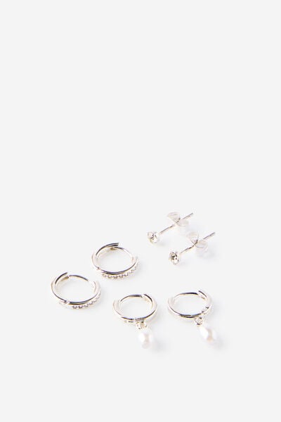 Premium Plated 3Pk Small Earring, SILVER FINE PEARL DIAMANTE