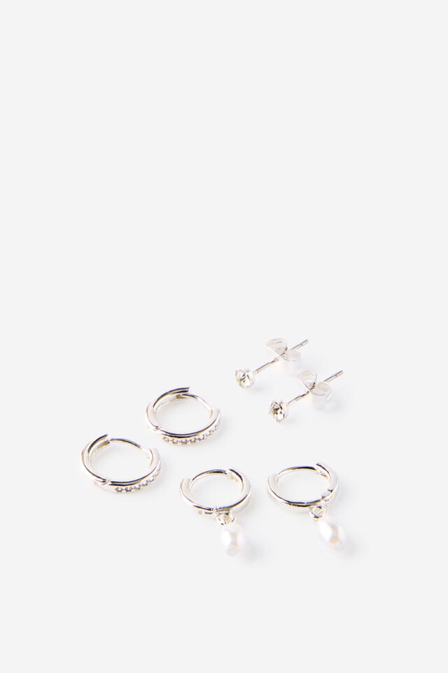 Premium Plated 3Pk Small Earring, SILVER FINE PEARL DIAMANTE