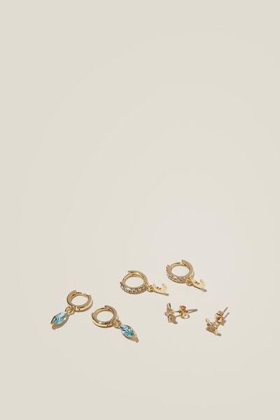 3Pk Small Earring, GOLD PLATED DIA LIGHT BLUE MOON