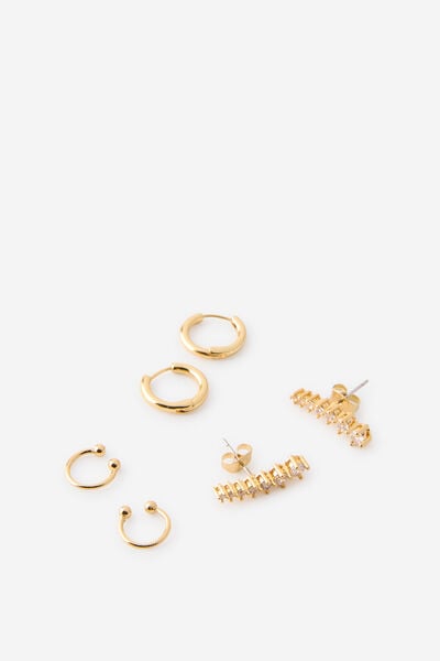 Premium Plated 3Pk Mid Earring, GOLD DIA CLIMBER HOOPS