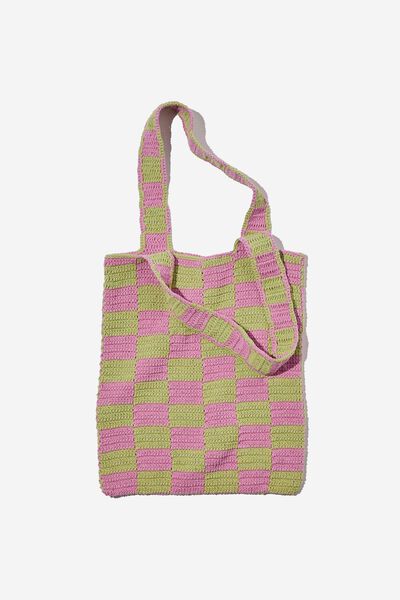 Crochet Tote Bag, GREEN/PINK CHECK