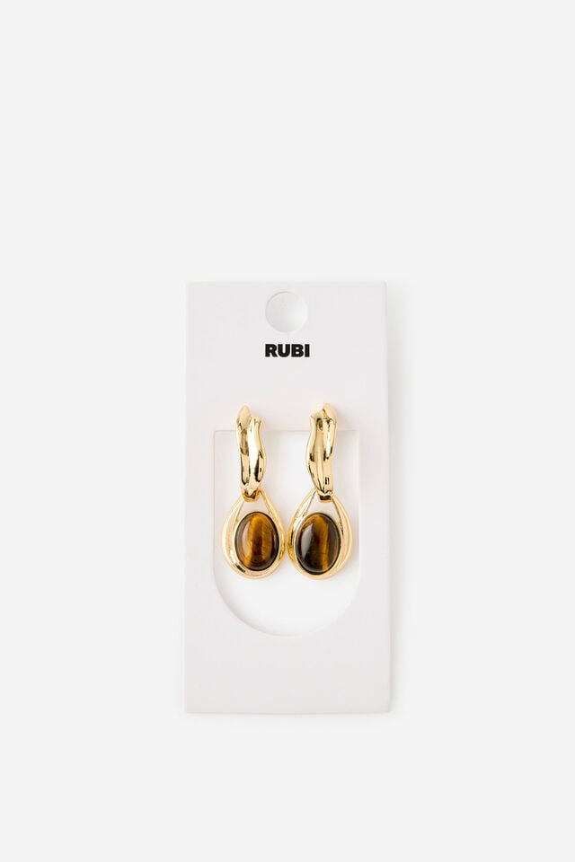Mid Charm Earring, GOLD HEIRLOOM TIGERS EYE DROP