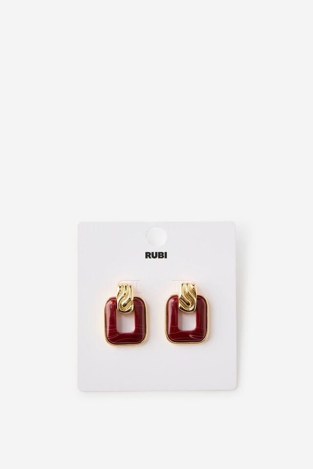Mid Charm Earring, GOLD BURGUNDY SQUARE DOOR KNOCKER