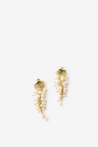 Mid Charm Earring, GOLD SHELL PEARL DROP STRANDS