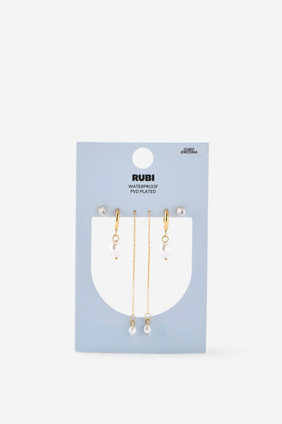 Waterproof 3Pk Mid Earring, GOLD THREADER PEARL DROP