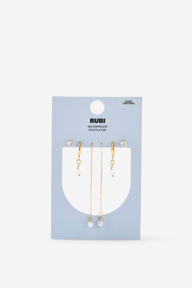 Waterproof 3Pk Mid Earring, GOLD THREADER PEARL DROP