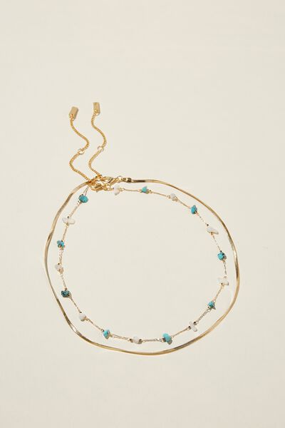2Pk Beaded Necklace, GOLD PLATED SEMI PRECIOUS TURQUOISE CHAIN
