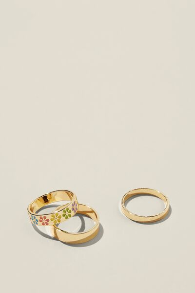 Multipack Rings, GOLD PLATED MULTI COLOURED FLOWERS