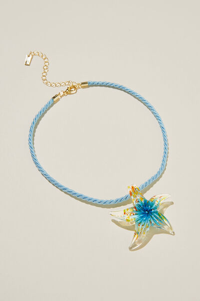 Large Cord Pendant Necklace, GOLD PLATED BLUE GLASS STARFISH