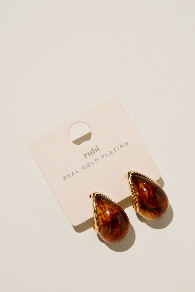 Mid Charm Earring, GOLD PLATED AMBER TEAR DROP STUD