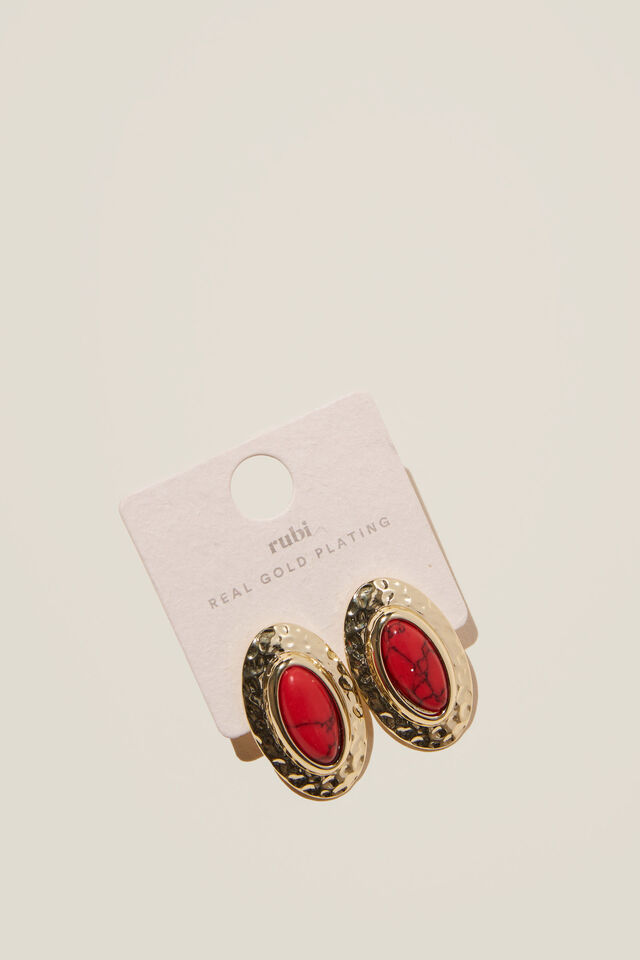 Mid Charm Earring, GOLD PLATED RED STONE OVAL