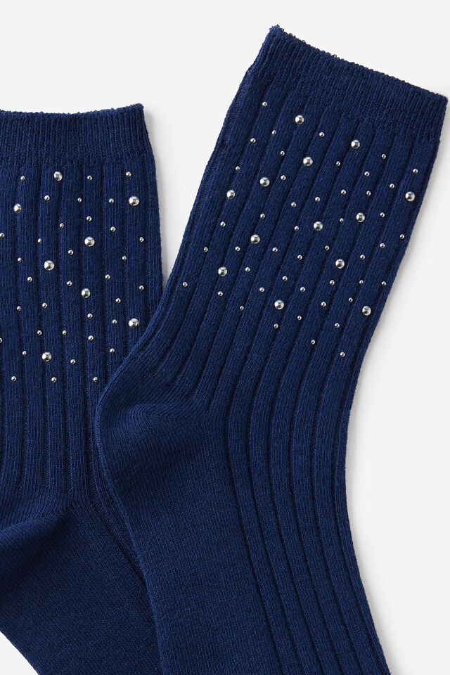 Embellished Crew Sock, STUDS/NAVY
