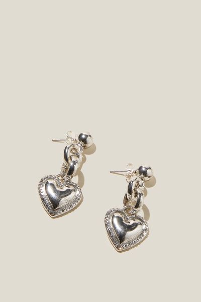 Mid Charm Earring, ANTIQUE STERLING SILVER PLATED HEART LINKS