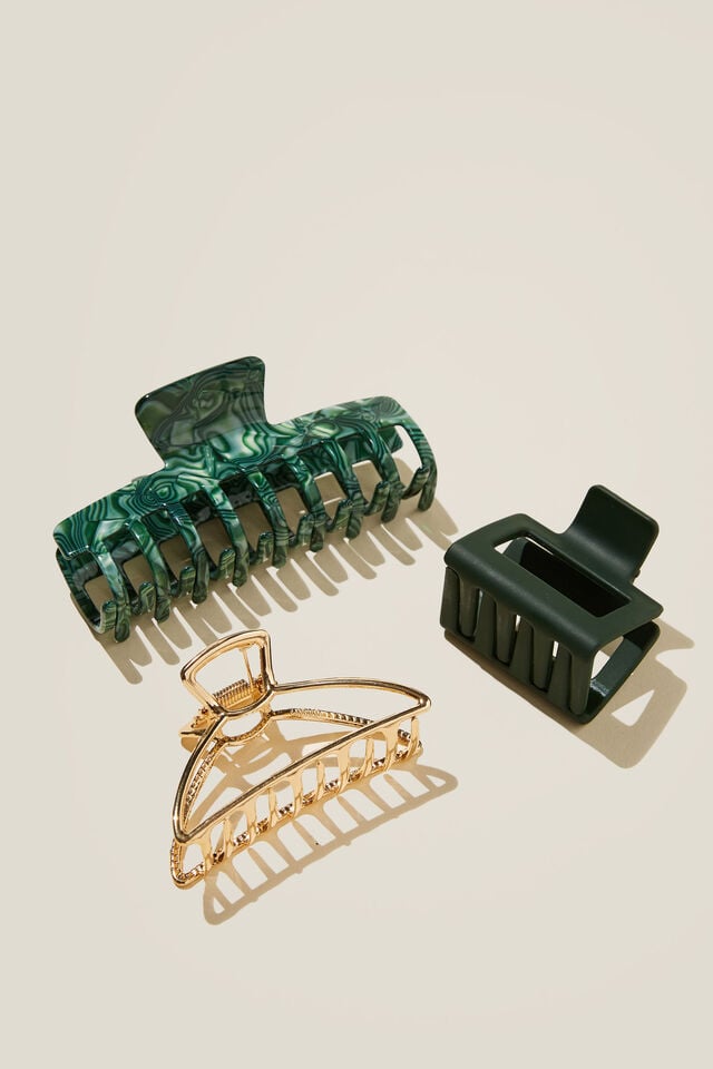 3Pk Hair Claw, DARK GREEN MARBLE AND GOLD