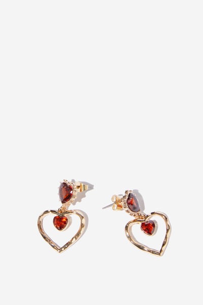 Small Charm Earring, UP GOLD GARNET DIAMANTE HEART