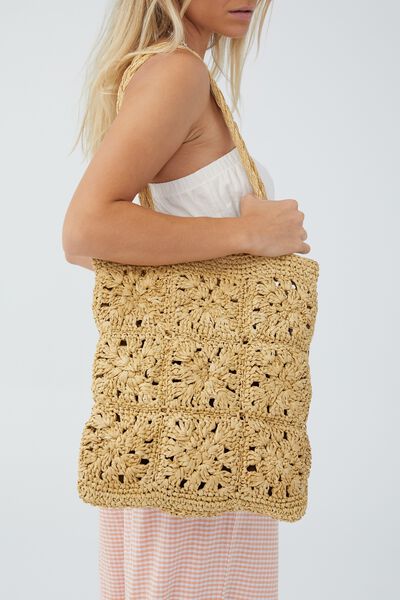 Crochet Tote Bag, NATURAL SOLID