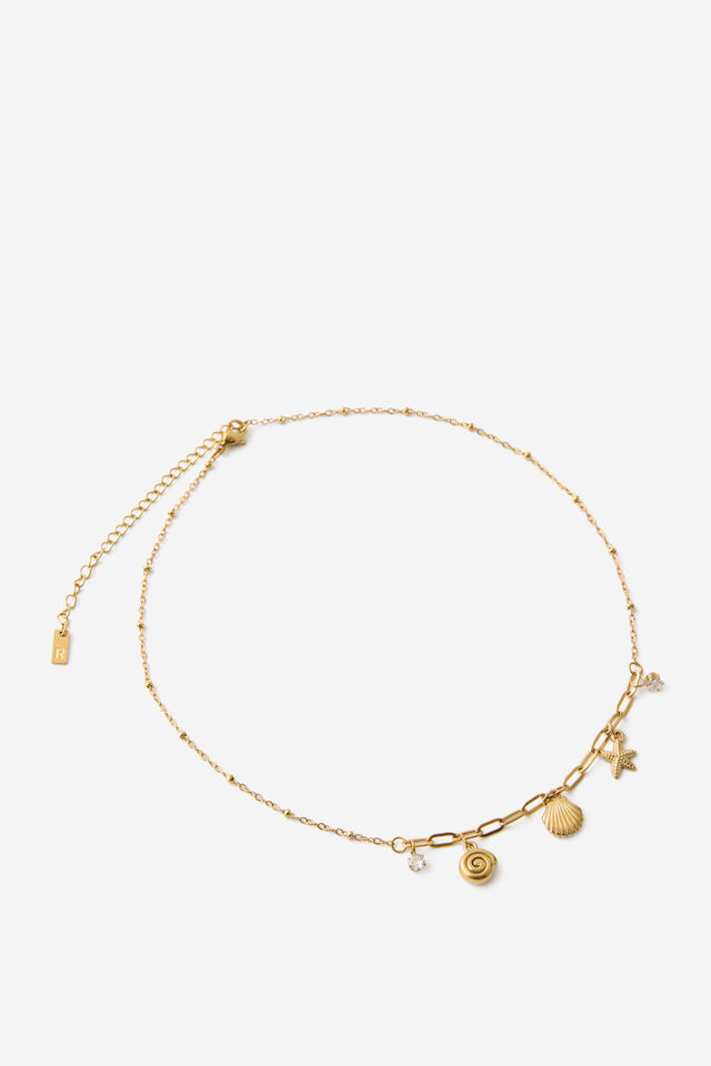 Waterproof Multi Pendant Necklace, GOLD SHELL DIA OVAL LINK CHAIN
