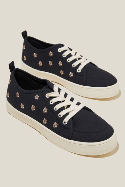 Saylor Lace Up Plimsoll, BLACK DAISY EMBROIDERY
