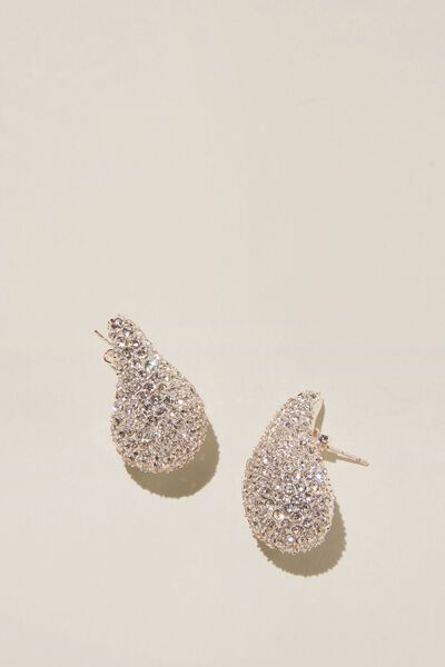 Brinco - Mid Charm Earring, SILVER PLATED DIAMANTE WATERDROP STUD