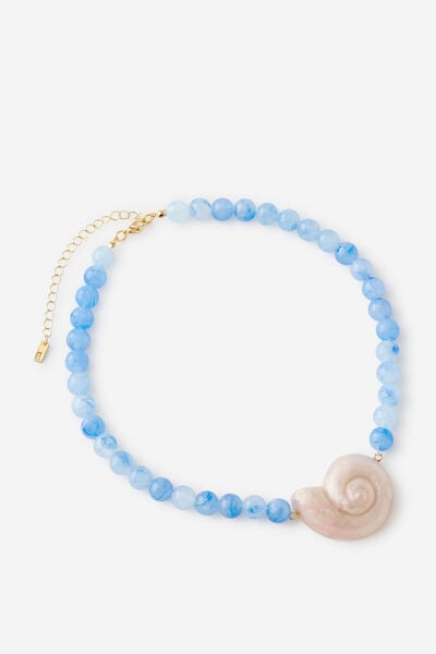 Beaded Necklace, BLUE SWIRL WHITE SHELL
