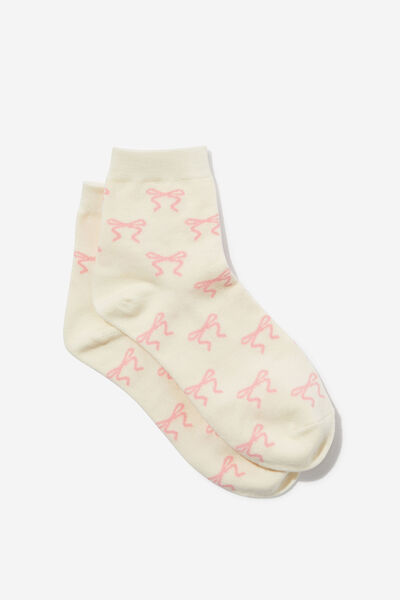 Flat Mid Crew Sock, PEARL/PINK BOW