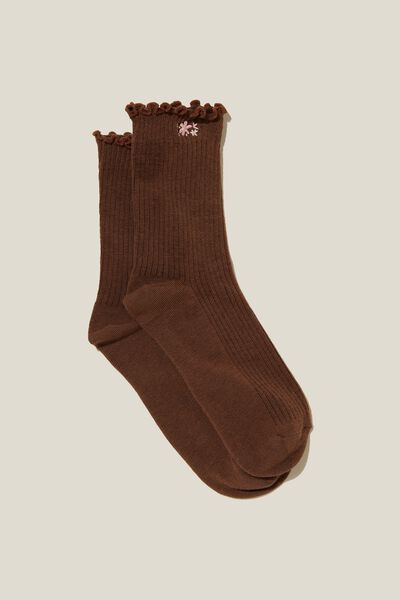 Frill Ribbed Crew Sock, DAPHNE FLORAL/RICH BROWN